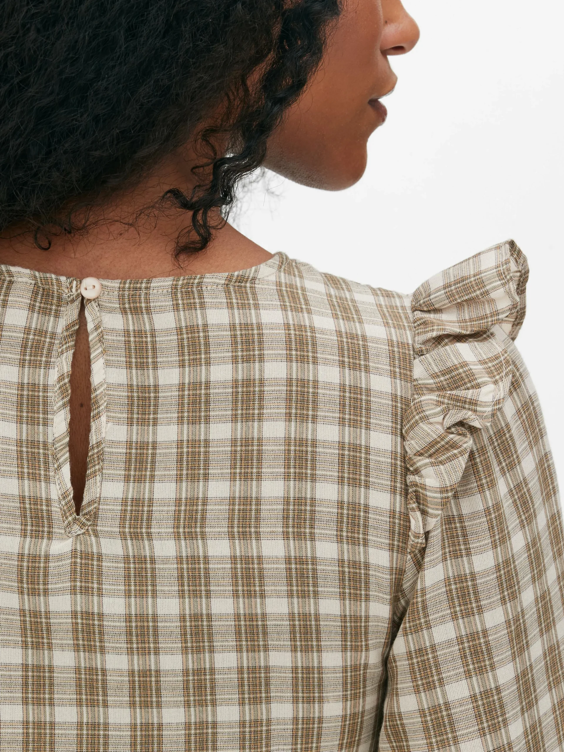 Blusa Fruncida De Cuadros De Manga Larga