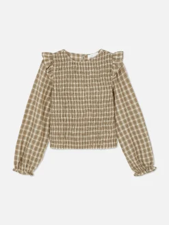 Blusa Fruncida De Cuadros De Manga Larga