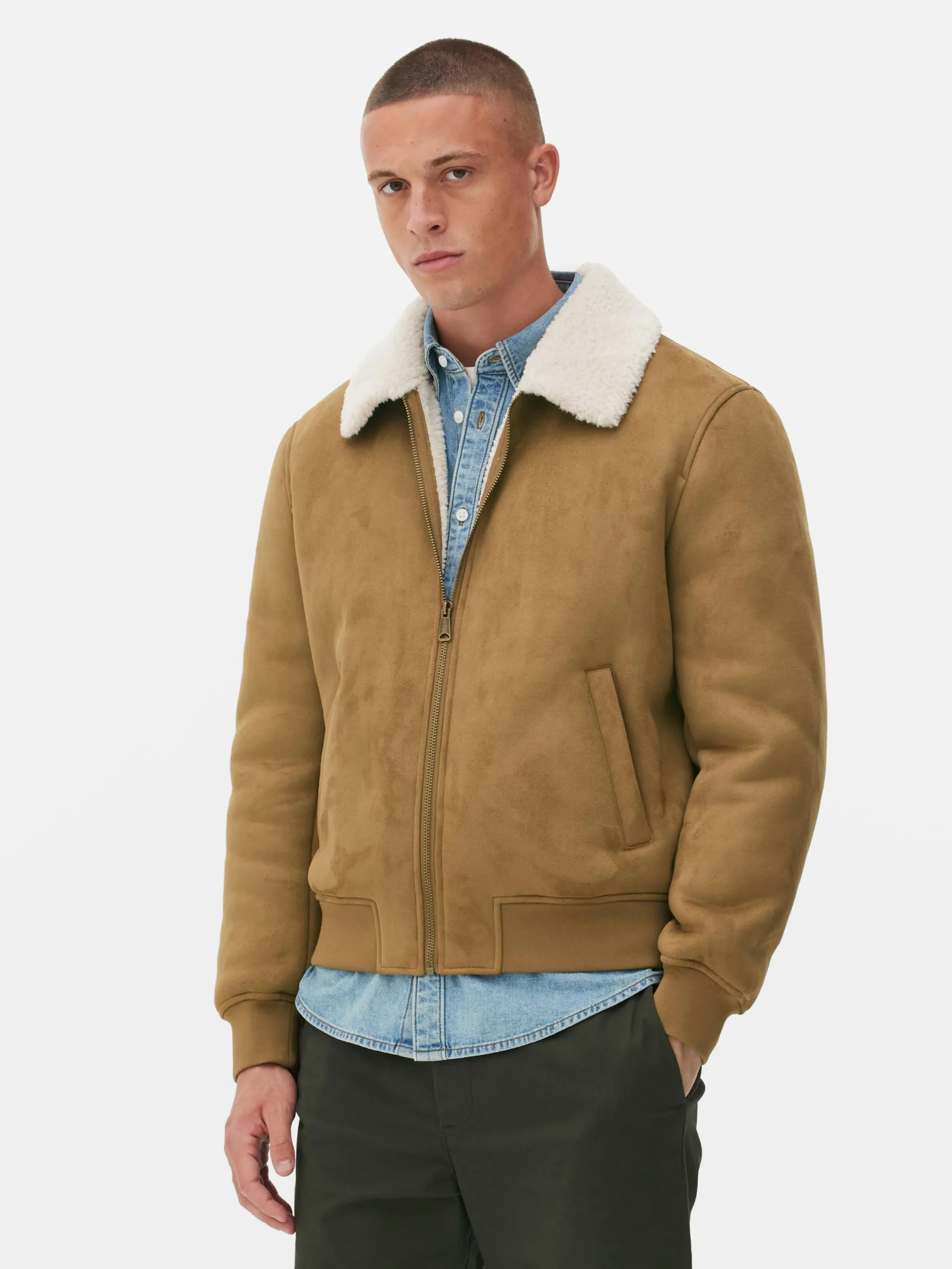 Chaqueta De Antelina Con Cuello De Borrego Sintético
