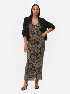 Falda Midi De Leopardo Con Superposición De Malla