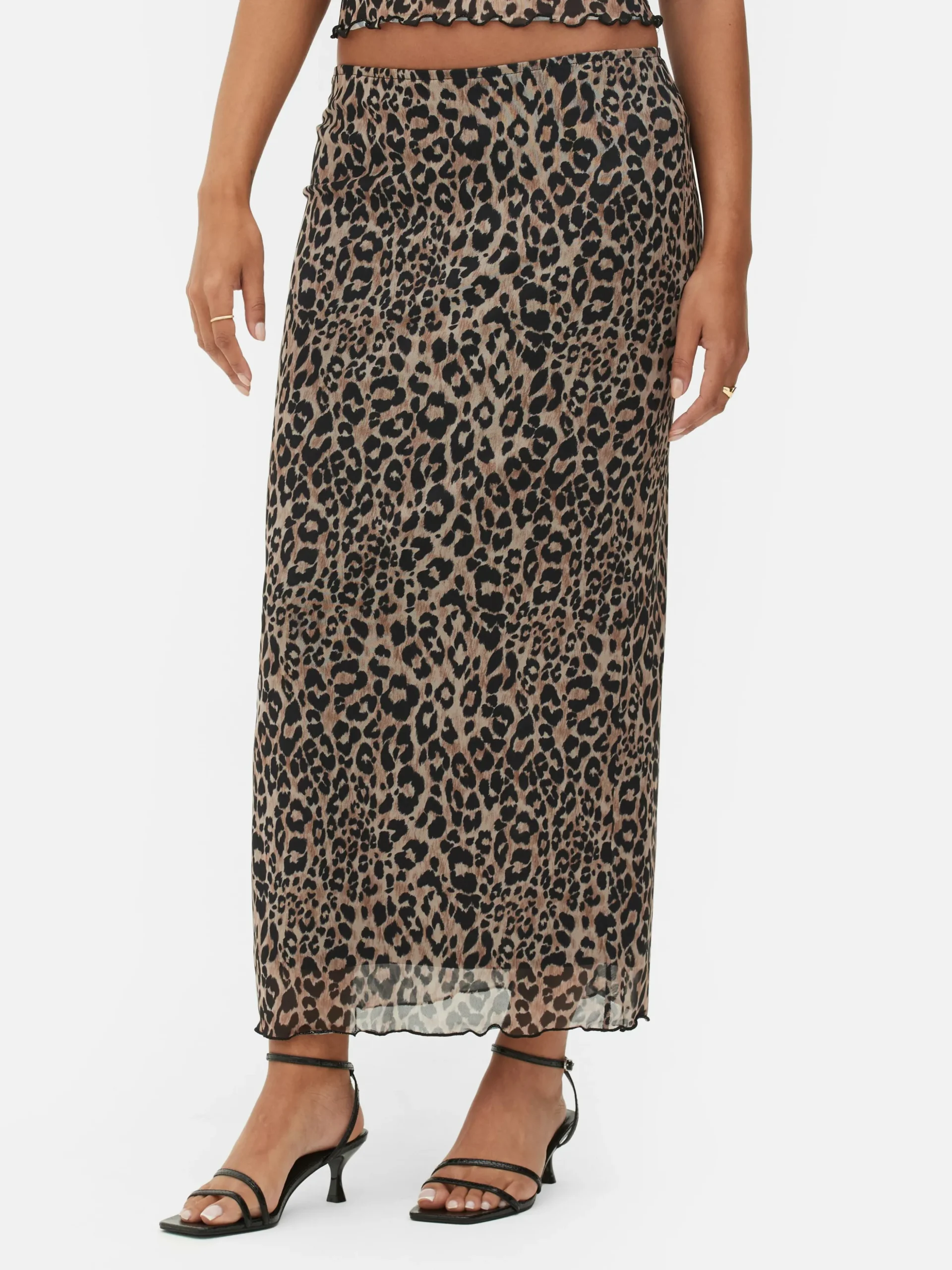 Falda Midi De Leopardo Con Superposición De Malla