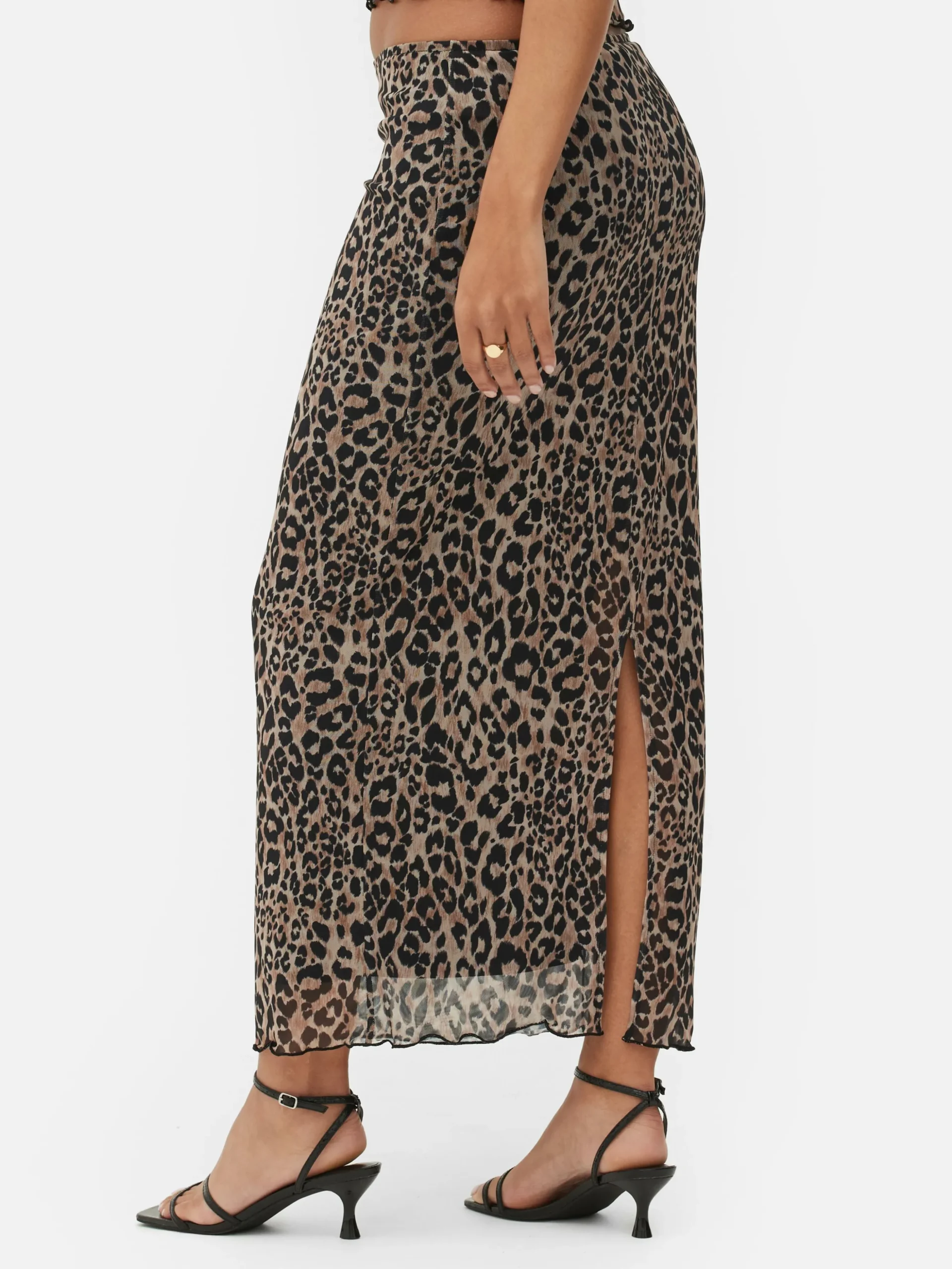 Falda Midi De Leopardo Con Superposición De Malla