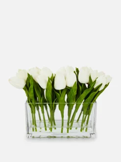 Tulipanes Artificiales En Jarrón De Vidrio Rectangular