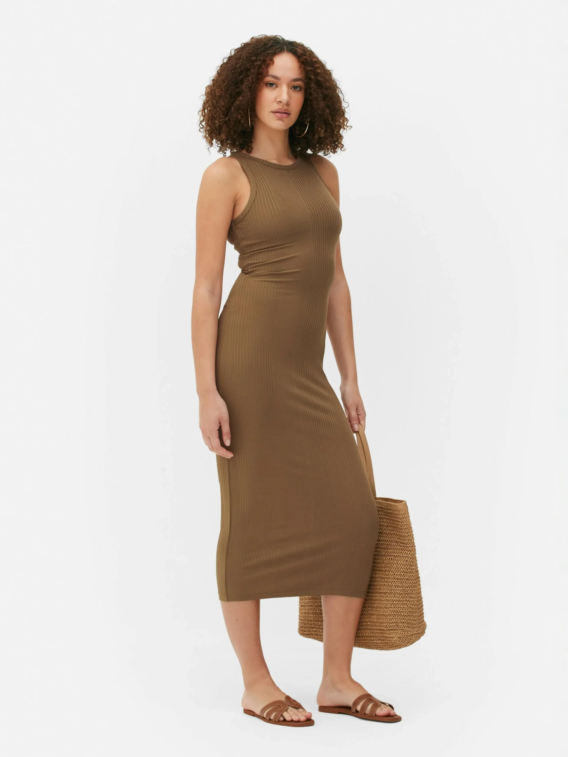 Vestido Midi Acanalado Con Espalda De Nadadora